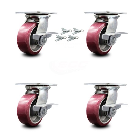 Heavy Duty Large Top Plate Polyurethane on Aluminum Swivel Caster w/Main. Free Bearings Set of 4 w/5" x 2" Maroon Wheels-Includes 4 Swivel w/Side Lck Brakes&Bolt on Swivel Locks - Service Caster Brand